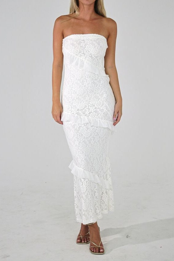 Lace Strapless Fitted Empire Ruffle Party Prom Dress