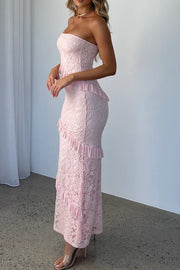 Lace Strapless Fitted Empire Ruffle Party Prom Dress