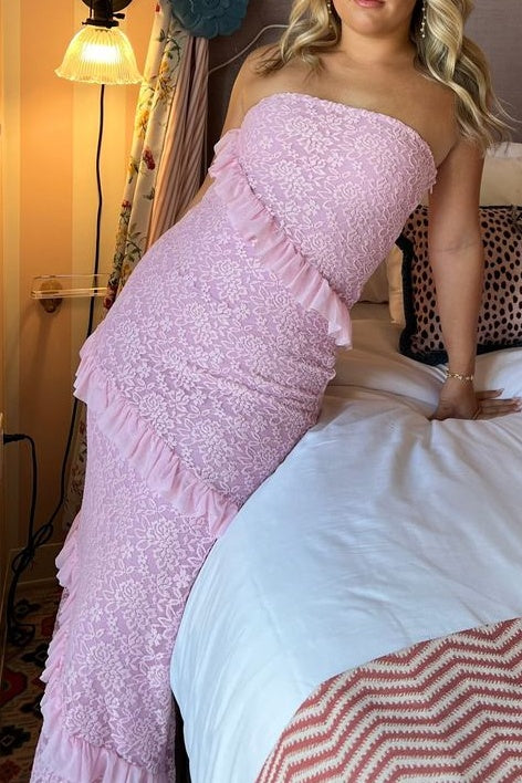 Lace Strapless Fitted Empire Ruffle Party Prom Dress