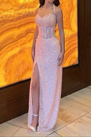 Lace Sweetheart Halter Sheer Empire Fitted Party Prom Dress 