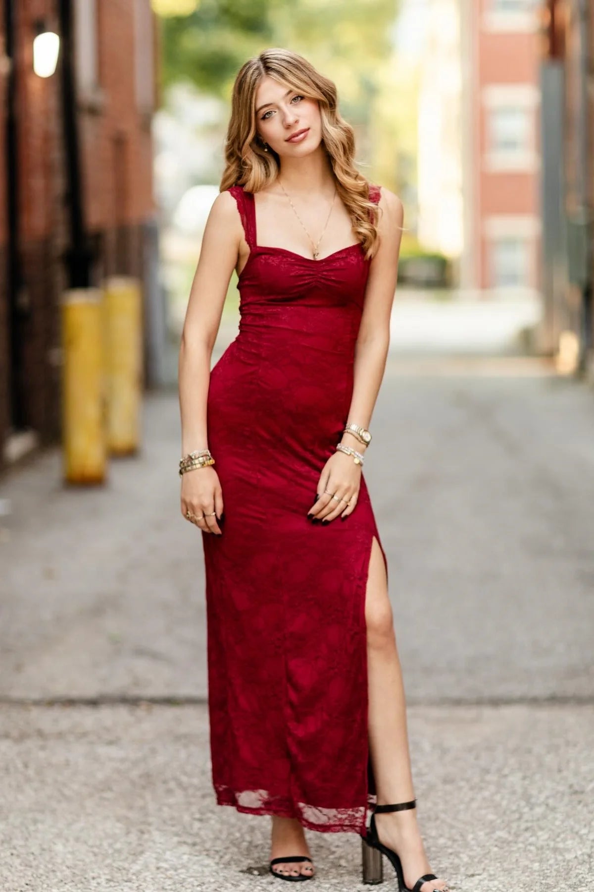 Lace Sweetheart Ruffle Straps Party Prom Dress With Leg Slit