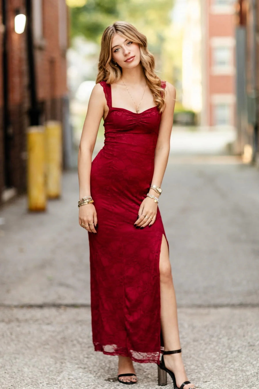 Lace Sweetheart Ruffle Straps Party Prom Dress With Leg Slit