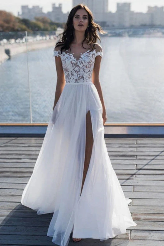 Lace Top Chiffon A-Line Sheer Summer Beach Wedding Dress White / US 8