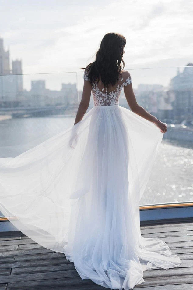 Lace Top Chiffon A-Line Sheer Summer Beach Wedding Dress