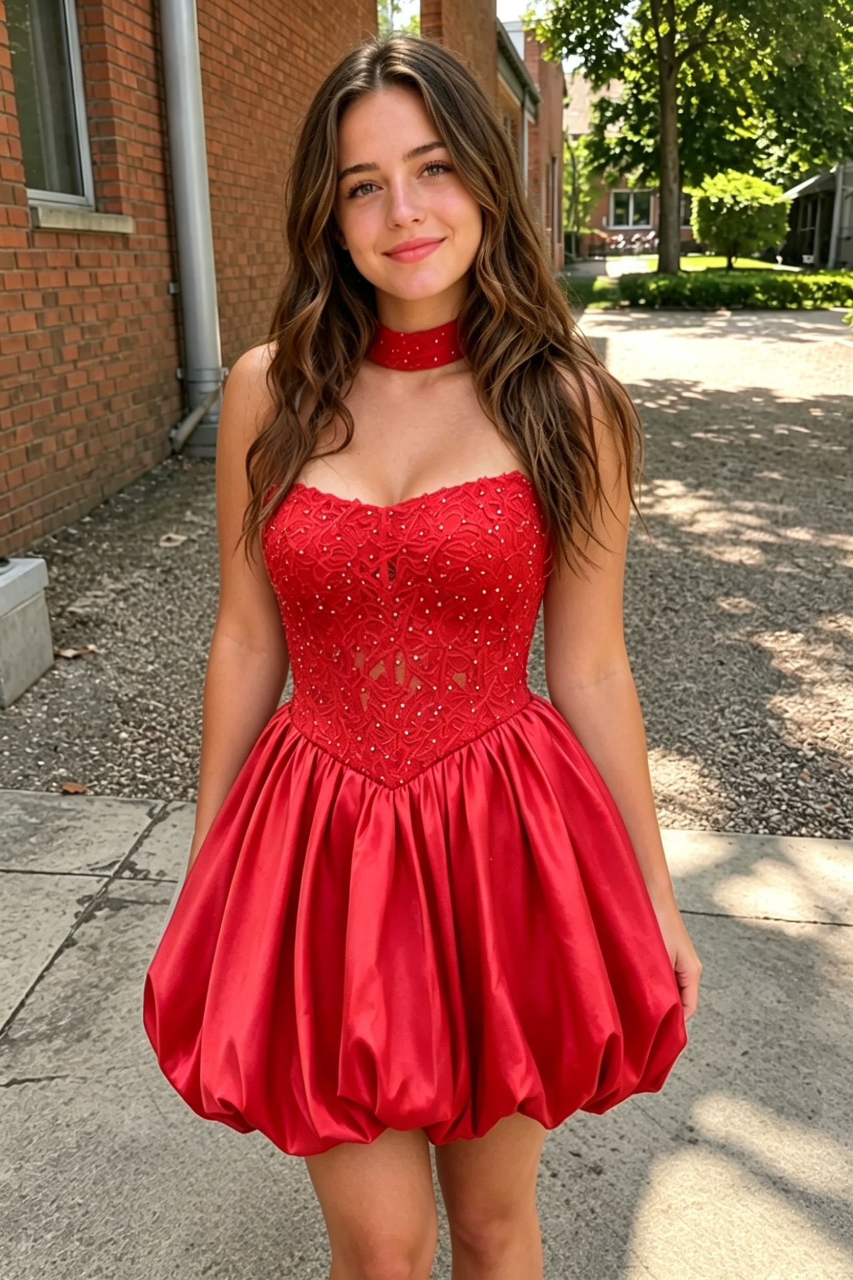 Lace Top Satin A-Line Strapless Empire Lace-Up Homecoming Dress