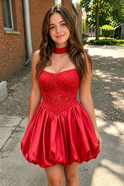 Lace Top Satin A-Line Strapless Empire Lace-Up Homecoming Dress