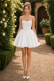 Lace Top Satin A-Line Strapless Empire Short Summer Wedding Dress