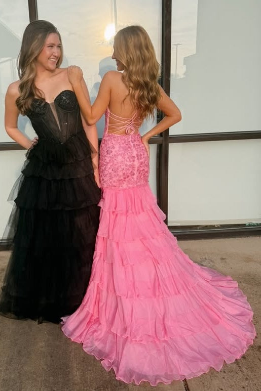 Lace Top Tiered Chiffon Sweetheart Lace-Up Mermaid Party Prom Dress