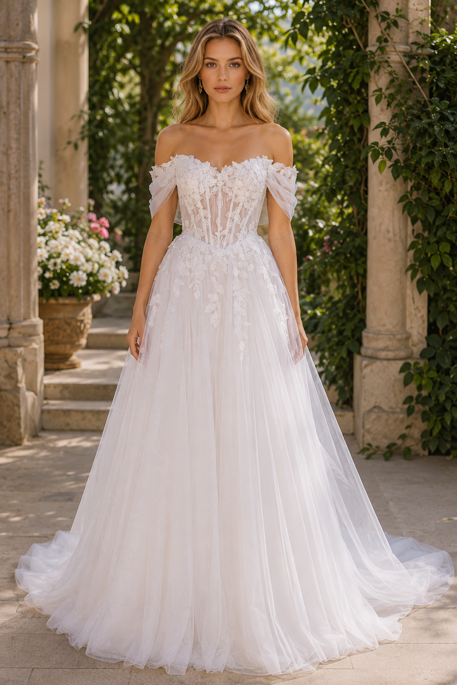 Lace Top Tulle A-Line Off-Shoulder Backless Beach Wedding Dress Ivory / Custom Size