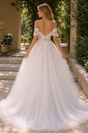Lace Top Tulle A-Line Off-Shoulder Backless Beach Wedding Dress
