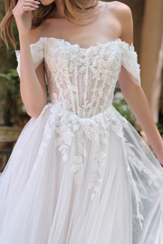 Lace Top Tulle A-Line Off-Shoulder Backless Beach Wedding Dress