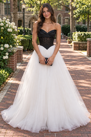 Lace Top Tulle A-Line V-Neck Strapless Lace-Up Long Party Prom Dress