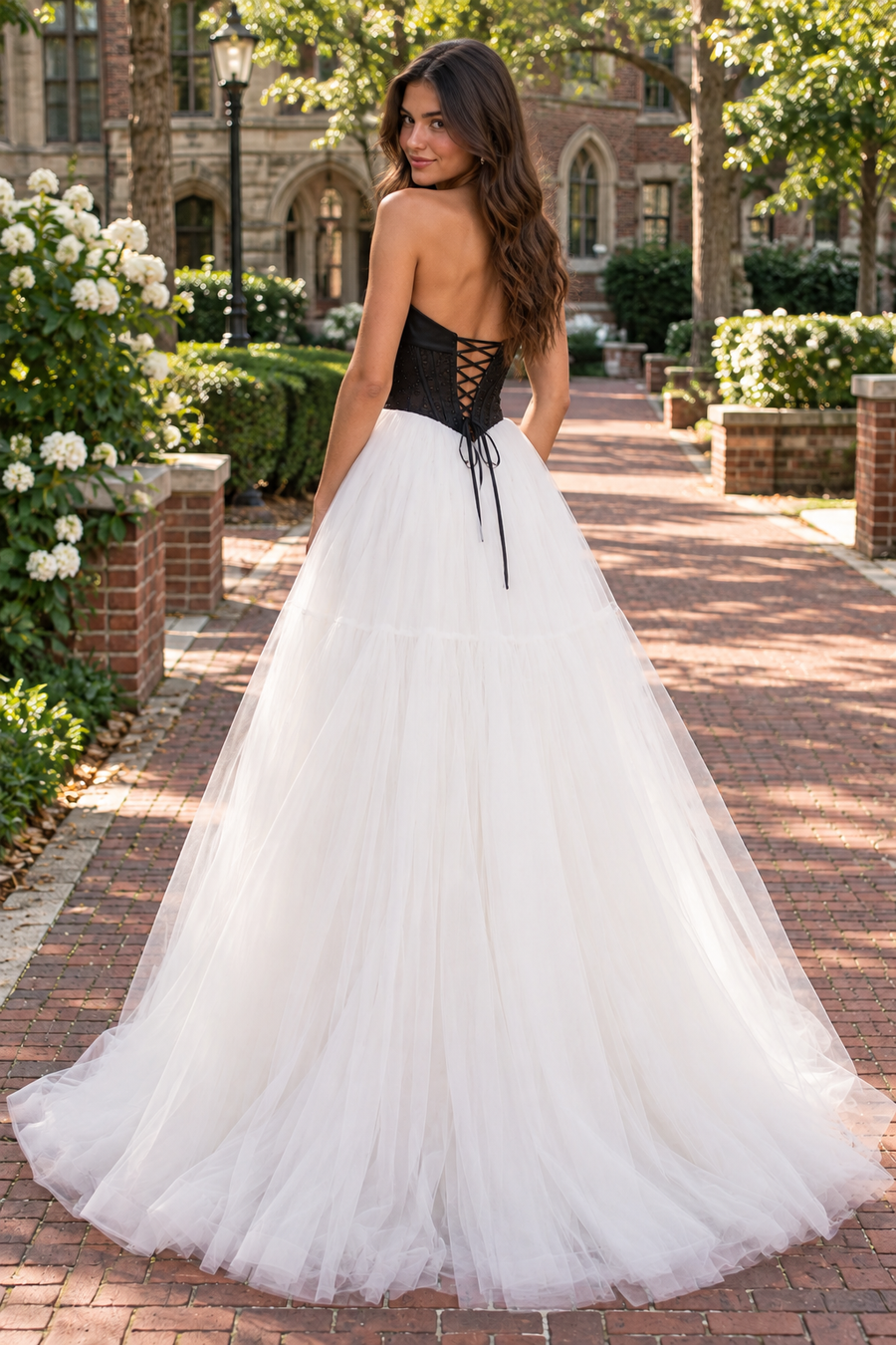 Lace Top Tulle A-Line V-Neck Strapless Lace-Up Long Party Prom Dress