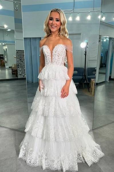 Lace Tulle A-Line Sweetheart Off-Shoulder With Train Prom Dress