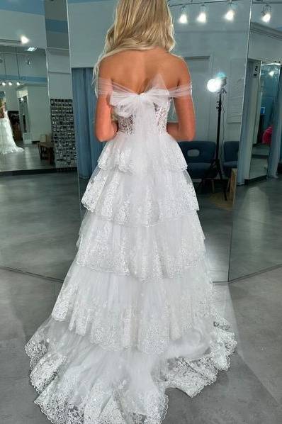 Lace Tulle A-Line Sweetheart Off-Shoulder With Train Prom Dress