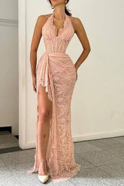 Lace V-Neck Halter Sleeveless With Side Slit Party Prom Dress