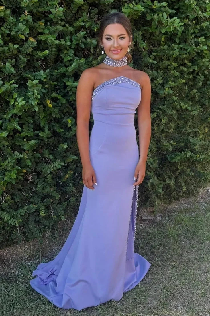 Lavender Satin Beaded Strapless Mermaid Party Prom Dress