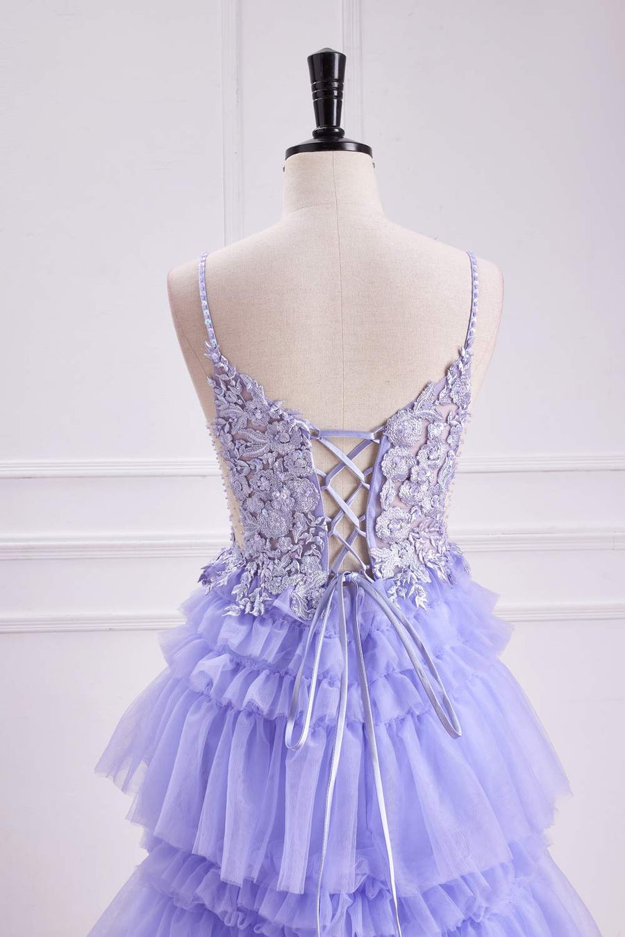 Lavender Lace-Up Appliques A-line Layers Long Prom Dress back side close up shot