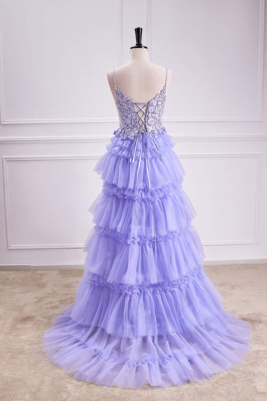 Lavender Lace-Up Appliques A-line Layers Long Prom Dress back side full shot