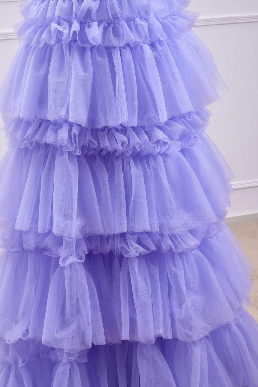 Lavender Lace-Up Appliques A-line Layers Long Prom Dress front side bottom part