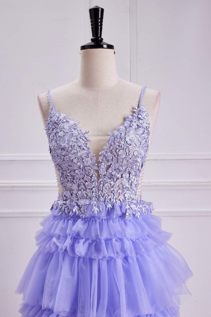 Lavender Lace-Up Appliques A-line Layers Long Prom Dress front side close up shot