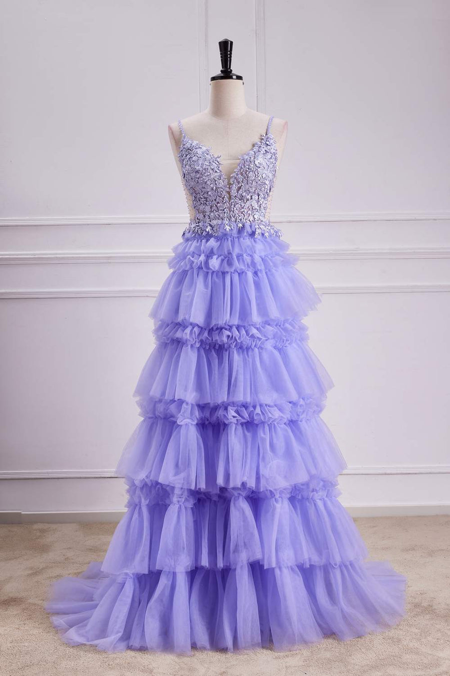 Lavender Lace-Up Appliques A-line Layers Long Prom Dress front side full shot