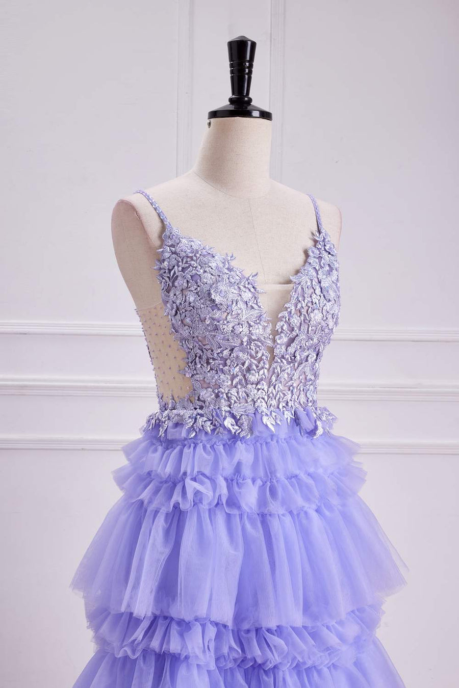 Lavender Lace-Up Appliques A-line Layers Long Prom Dress front side left facing