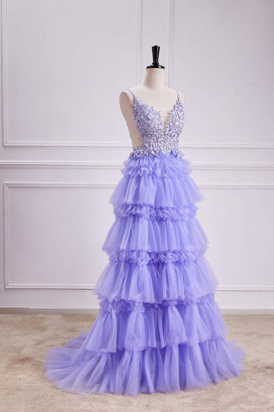 Lavender Lace-Up Appliques A-line Layers Long Prom Dress front side left facing full shot