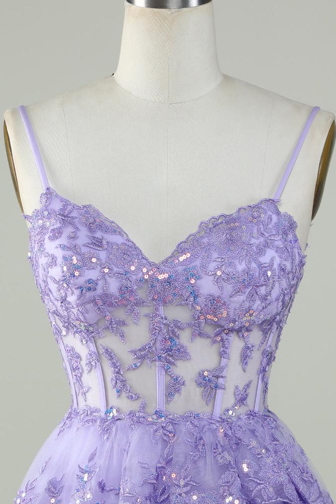 Lavender Straps A-Line Applique Tulle Homecoming Dress