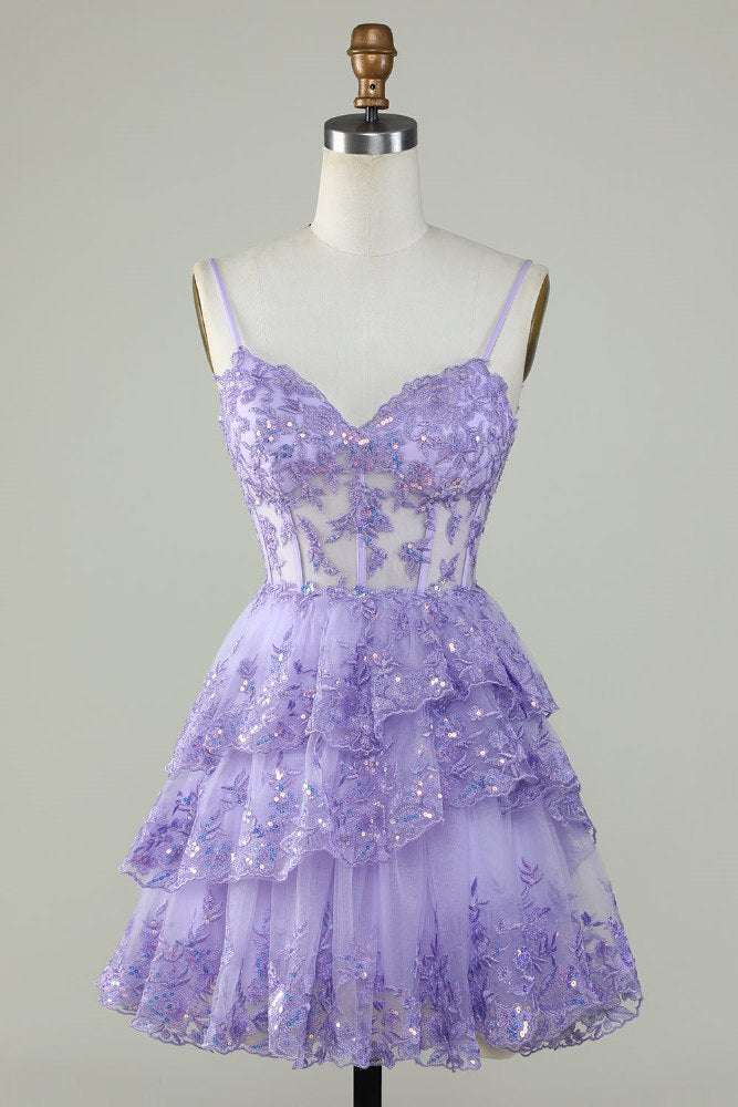 Lavender Straps A-Line Applique Tulle Homecoming Dress front side close up shot