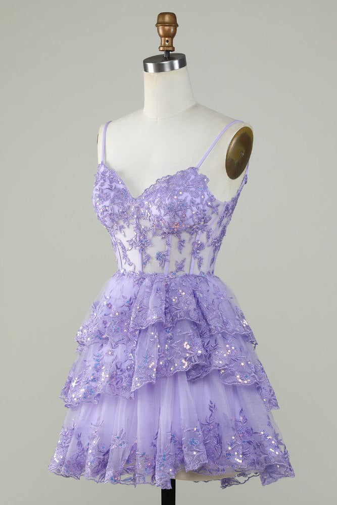 Lavender Tulle Lace Appliques Off The Shoulder A Line Birthday Outfits Pretty Homecoming Dress Y9343