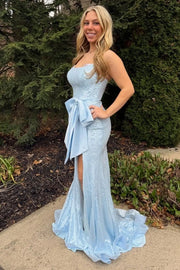 Light Blue Bateau Strapless Sequin Mermaid Party Prom Dress