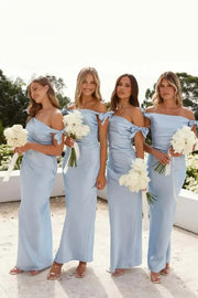 Light Blue Off-Shoulder Fitted Long Bridesmaid Dress