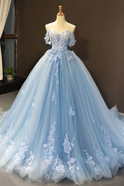 Light Blue Off-Shoulder Tulle A-Line Floral Appliques Prom Gown