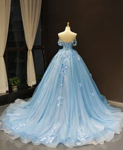 Light Blue Off-Shoulder Tulle A-Line Floral Appliques Prom Gown