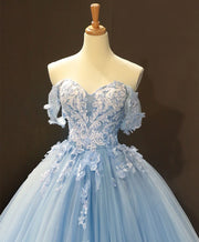 Light Blue Off-Shoulder Tulle A-Line Floral Appliques Prom Gown