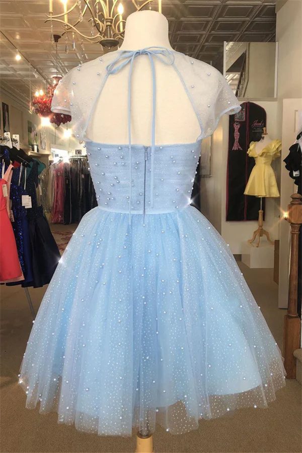 Light Blue Sparkly Short Sleeves Tulle Prom Dress Homecoming Dress