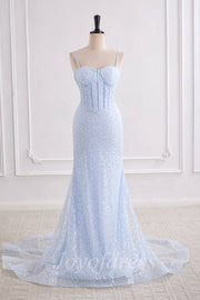 Light Blue Sweetheart Sleeveless Mermaid Prom Party Dress With Train 