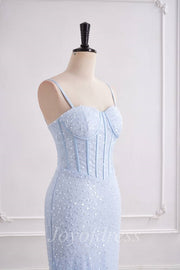 Light Blue Sweetheart Sleeveless Mermaid Prom Party Dress With Train 