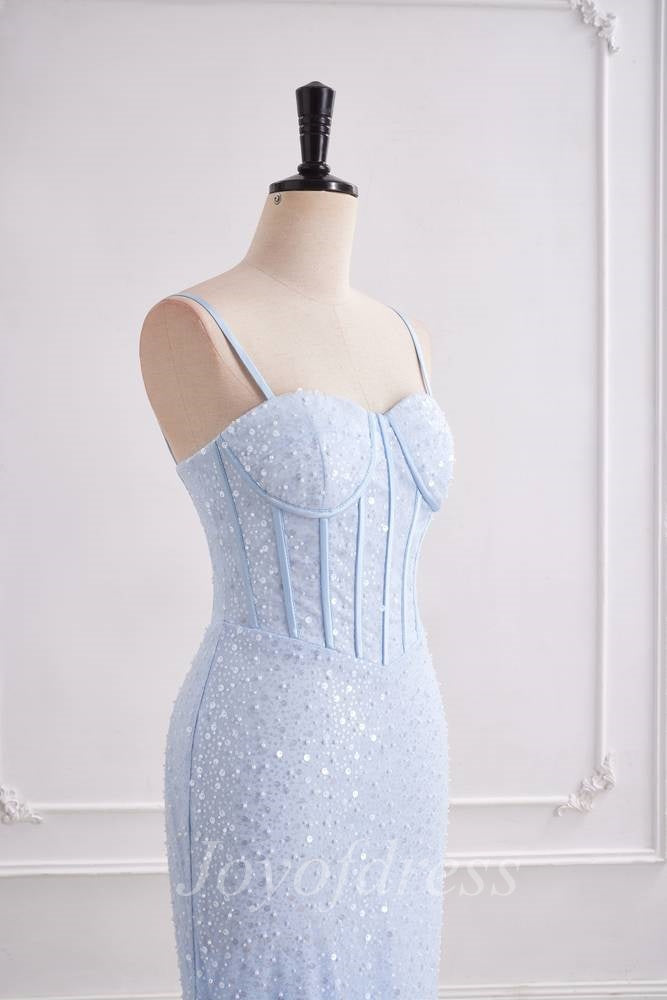 Light Blue Sweetheart Sleeveless Mermaid Prom Party Dress With Train 