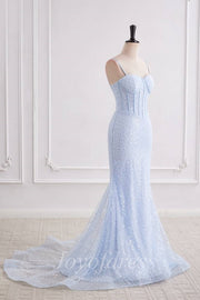 Light Blue Sweetheart Sleeveless Mermaid Prom Party Dress With Train 