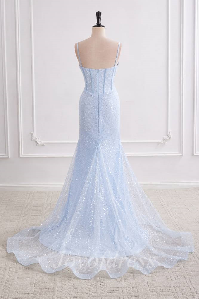 Light Blue Sweetheart Sleeveless Mermaid Prom Party Dress With Train 