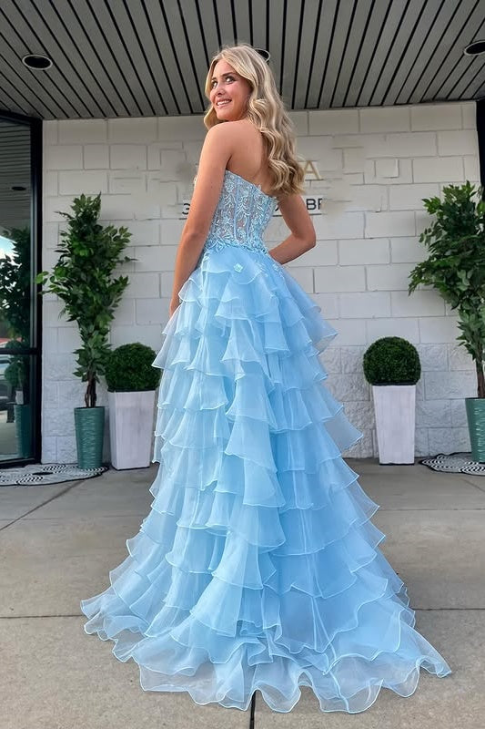 Light Blue Sweetheart Strapless Tulle A-Line Floral Party Prom Dress