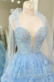 Light Blue Floral Appliques Bow Tie Straps A-line Long Prom Dress close up front shot in doll