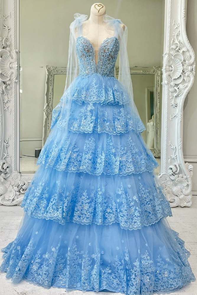 Light Blue Floral Appliques Bow Tie Straps A-line Long Prom Dress front side full shot in doll