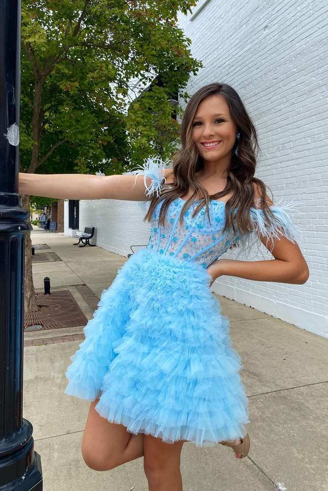 Light Blue Glitter V-neck Short Tulle 