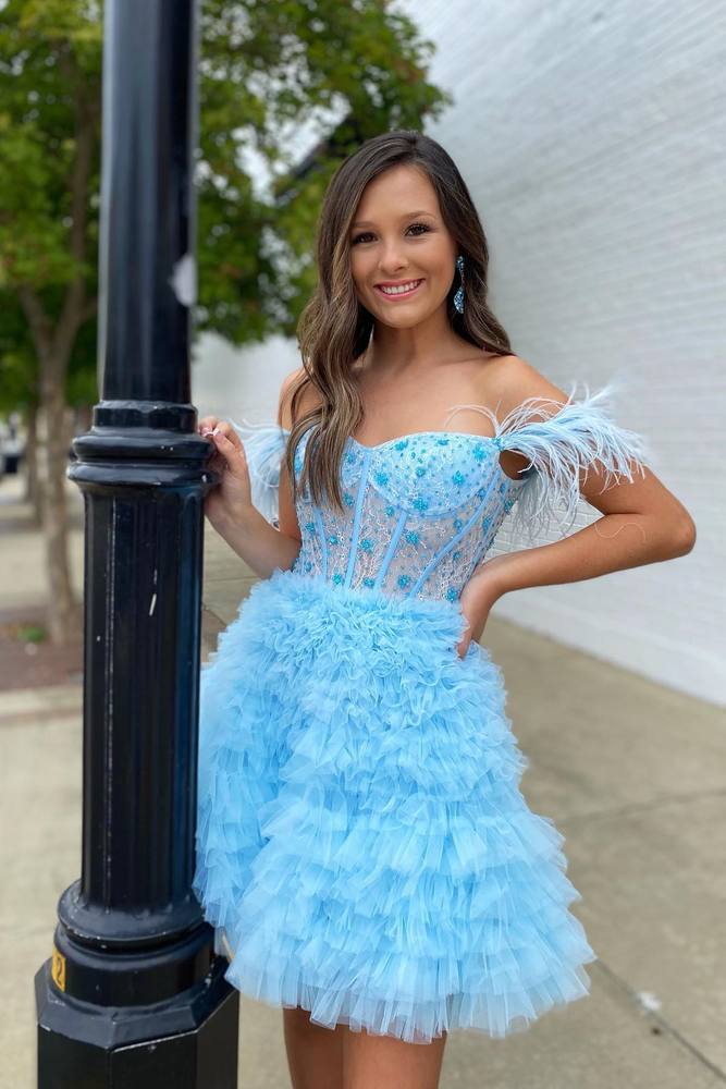 Light Blue Glitter V-neck Short Tulle Front View