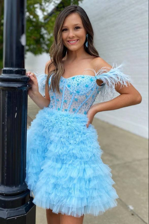 Light Blue Glitter V-neck Short Tulle Homecoming Dress Light Blue / US 8