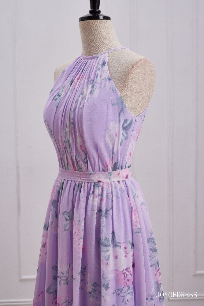 Light Purple Floral Print  Halter Long Bridesmaid Dress Left facing close up shot