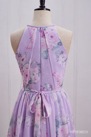 Light Purple Floral Print  Halter Long Bridesmaid Dress back side close up shot